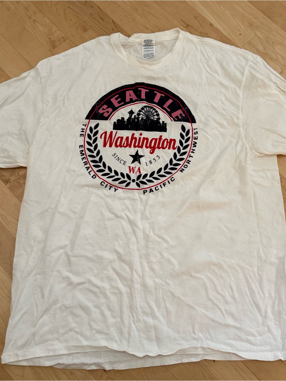 White Seattle Washington Graphic Tee with Red and Black Print
